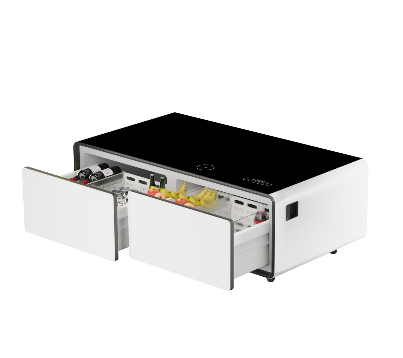 Livtab LT135 Smart Coffee Table with Fridge, A smart coffee table with a fridge, featuring dual drawers open, showcasing the cooling space with various drinks inside.